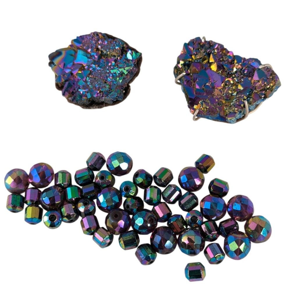 Rainbow Aura titanium druzy 127 Grams2 freeform cabs  large+ med beads NWOT